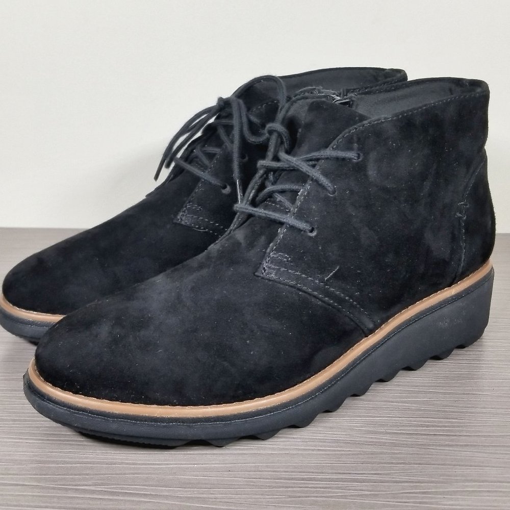 Clarks Sharon Hop Wedge Heel Ankle Boot, Black Suede, Womens Size 7.5 M / 38